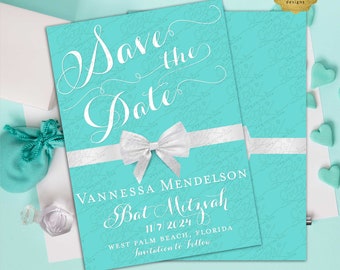 Personalized Bat Mitzvah Save The Date Card | Breakfast at Theme White Bow Digital 5x7"