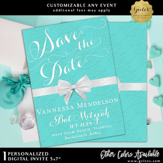 Personalized Bat Mitzvah Save The Date Card | Breakfast at Theme White Bow Digital 5x7"