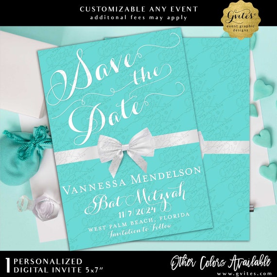 Personalized Bat Mitzvah Save The Date Card | Breakfast at Theme White Bow Digital 5x7"