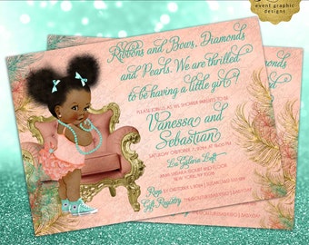 Coral Gold and Mint Baby Shower Invitations Afro Puffs | Vintage/ Ethnic baby invitation bows diamonds pearls