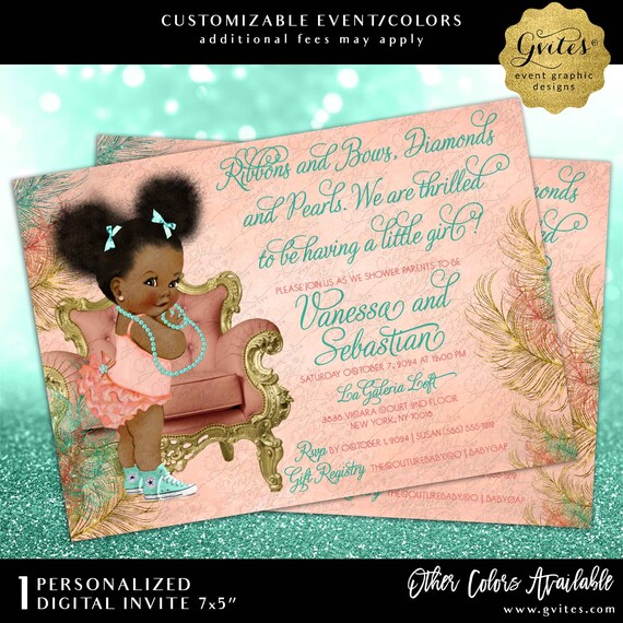 Coral Gold and Mint Baby Shower Invitations Afro Puffs | Vintage/ Ethnic baby invitation bows diamonds pearls