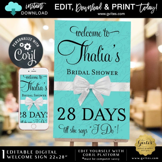 Editable Welcome Countdown Bridal Shower Sign/Poster. Bride and Co Printable Breakfast themed 22x28"