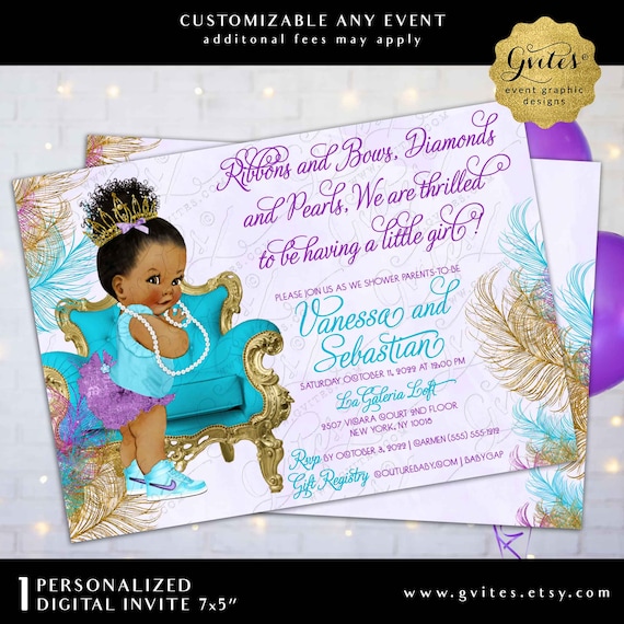 Afro Puffs Princess Baby Shower Periwinkle Grape Purple Aqua Blue Gold Glitter Watercolor Feathers by Gvites
