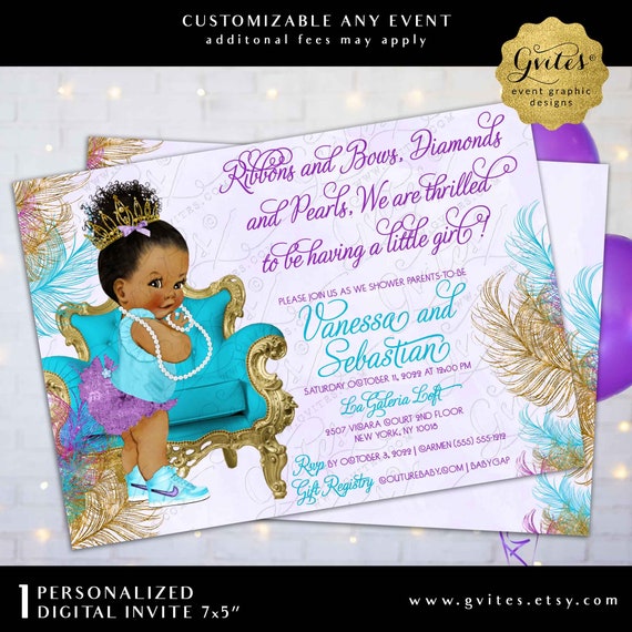 Turquoise Lavender Purple Gold Baby Shower Digital Invitation | Ribbons and Bows Princess Afro Princess
