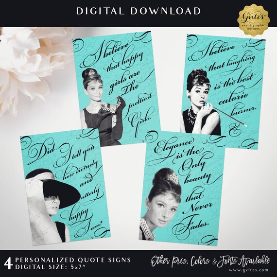 Custom Audrey Hepburn Quote Prints | Wall Art | Party Table Decoration Centerpiece 5x7" Digital Download Set of 4