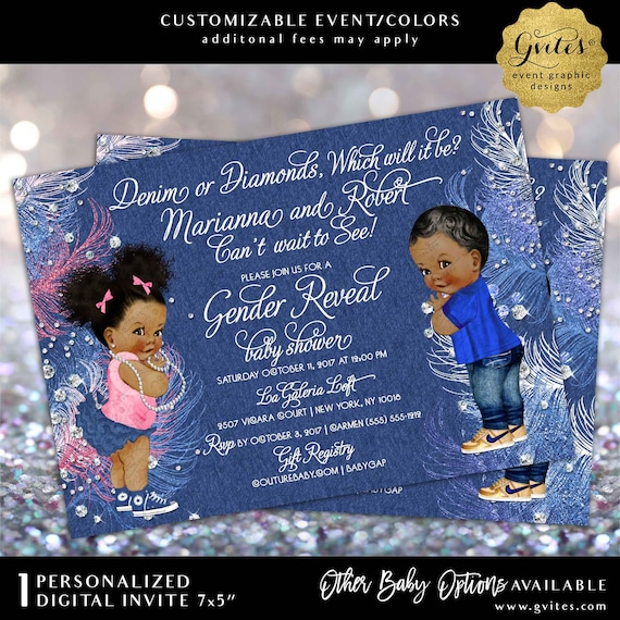 Gender Reveal Baby Shower Invitations African American Denim or Diamonds | JPG + PDF by Gvites