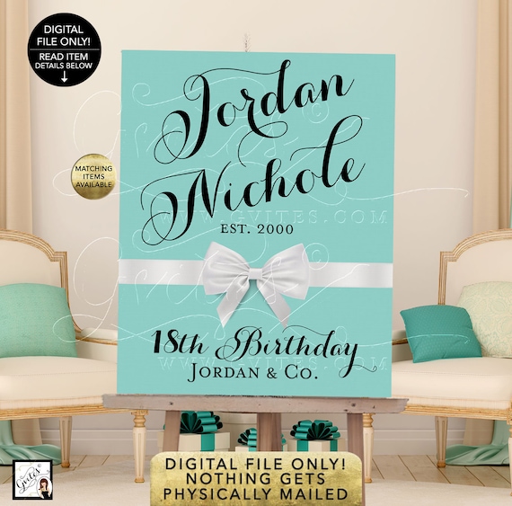 Breakfast at 18th Birthday celebration Welcome Sign Poster/ Audrey Hepburn Banners & Decorations Blue White Bow PRINTABLE Selfie Station Il_570xn
