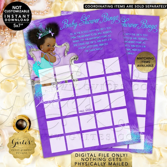 Bingo Baby Shower Game Violet Purple Aqua Blue Lilac Watercolor Feathers Tiara Princess Afro Puffs Girl 7x5" 2 Per Sheet by Gvites