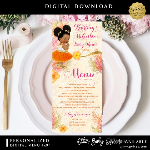 Baby Girl Shower Menu Card Feather Design Ribbons Bows Theme. 4x9" Digital File JPG + PDF