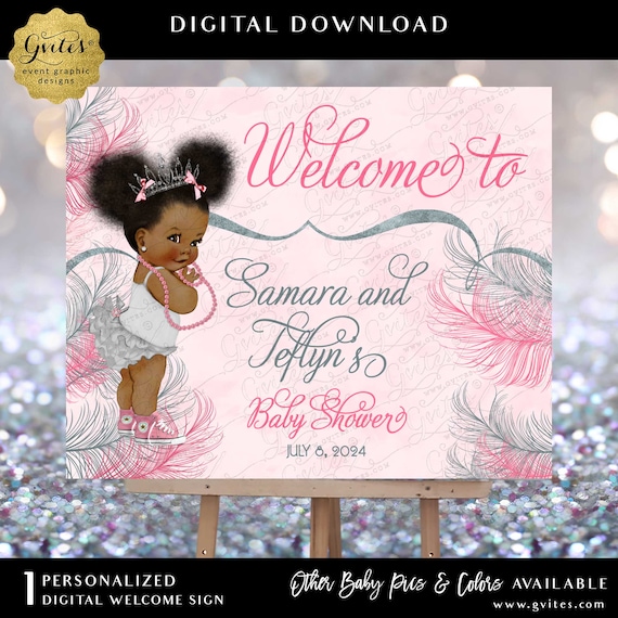 Afro Princess Blush Pink & Silver Baby Shower Printable Welcome Sign Printable