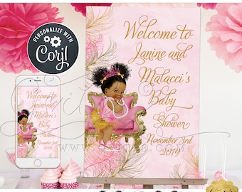 Pink Gold Welcome Sign | Vintage Baby Girl Afro Princess Decorations| African American Poster {Can Print Size(s): 24x36" / 12x18"}