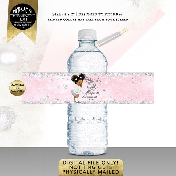 Water Bottle Labels Winter Wonderland/ African American afro puffs. Digital File Only! JPG + PDF Format Size: 8x2" 5 Per/ Sheet