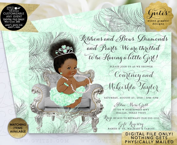 Mint Green & Silver Baby Shower Princess Theme. Vintage Natural Afro Puffs/Bun