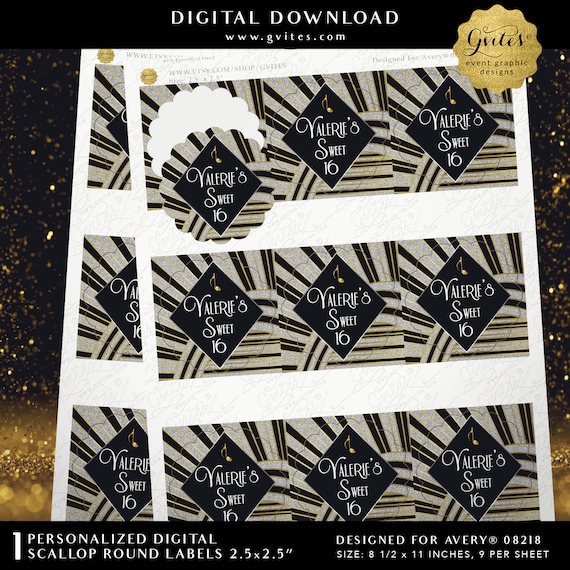 Great Gatsby Black & Gold Cupcake Toppers | Sweet 16 Birthday Party Printable Favors 2.5x2.5"/9 Per Sheet Designed For Avery® 08218