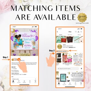 May include: Two mobile phone screenshots showing an Etsy shop interface. The left screen displays a baby shower sign listing with a cartoon baby on a blue chair. The right screen shows the shop's section menu with the text Browse by section.