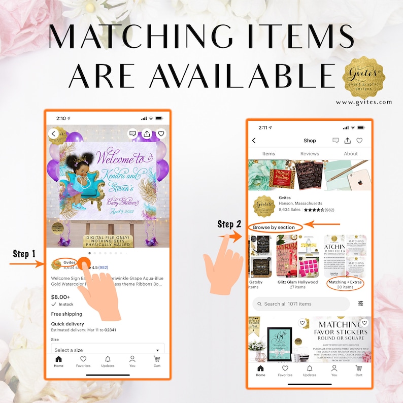May include: Two mobile phone screenshots showing an Etsy shop interface. The left screen displays a baby shower sign listing with a cartoon baby on a blue chair. The right screen shows the shop's section menu with the text Browse by section.