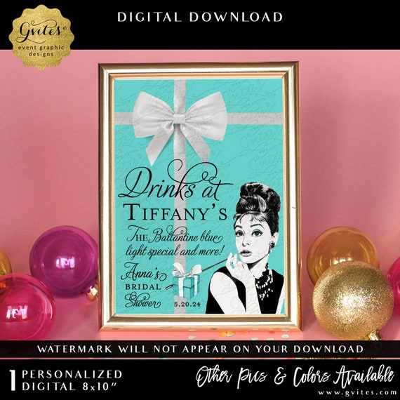 Personalized Drinks at Bridal Shower | Printable Party Bar Sign Audrey Hepburn Bar Drink Sign 8x10"