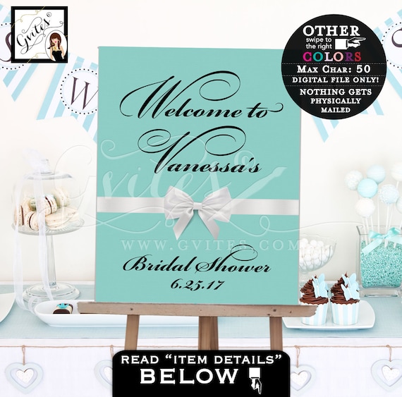 Bridal Shower Welcome Sign/ Bride & Co Blue White Bridal Shower Table Sign backdrops banners poster/ Turquoise White Bow PRINTABLE. Il_570xn