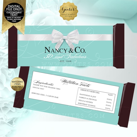 50 and Fabulous Candy Bar Wrapper birthday party favors/ Breakfast at co blue Customizable 2 Per Sheet 5.25x5.75" {Realistic Satin Ribbon}