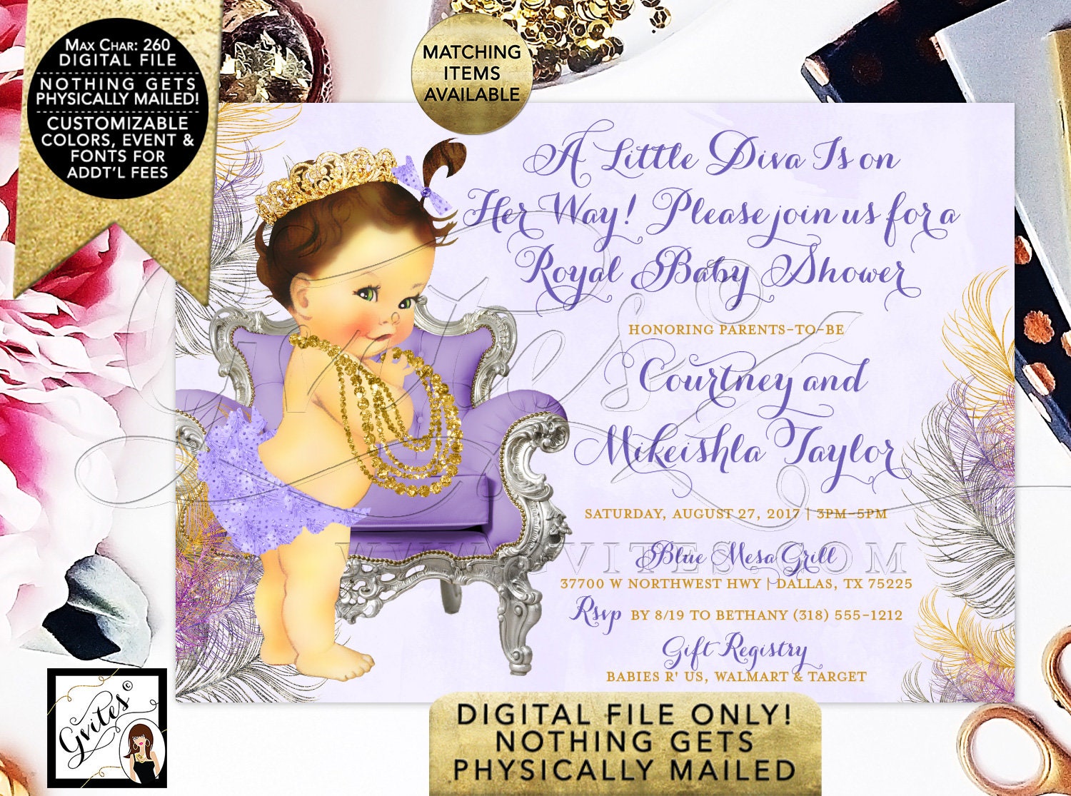 A Little Diva Baby Shower Invitation Lavender Gold And Silver A Little Diva Baby Shower Invitation Lavender Gold And Silver
