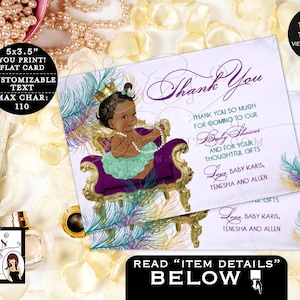 Grazie Baby Shower Purple Teal Cards/Principessa Afroamericana Pavone Stampabile Bambina. 5x3.5" 4/ Per Foglio