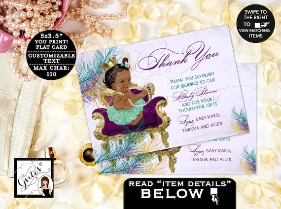 Thank You Baby Shower Purple Teal Cards/ Princess African American Peacock Printable Baby Girl. 5x3.5" 4/ Per Sheet