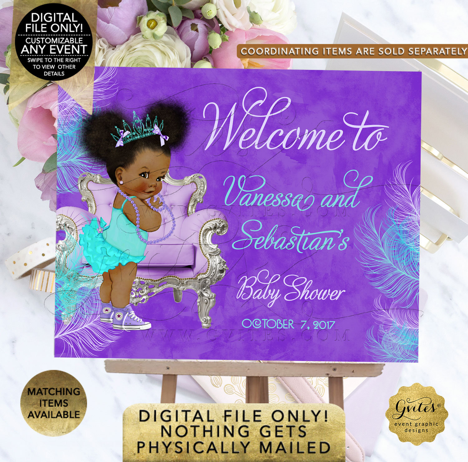 Afro Puffs African American {2 Per Sheet 5.25 x 5.75} Tiara Princess Baby Shower Candy Bar Wrapper Purple Lavender Aqua Turquoise