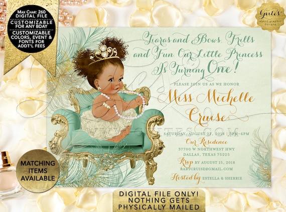 Mint & Gold Afro Puffs Baby Girl Invitations | African American First Birthday/ Vintage Ribbons and Bows. Digital File JPG + PDF 7x5"