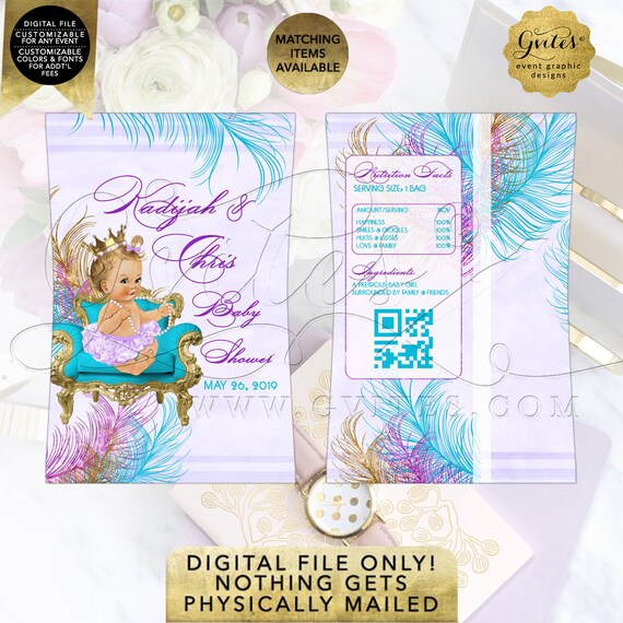 Turquoise/Lavender Chip Bag Printable Purple Gold Peacock Baby Shower Party Favors Princess Theme Vintage Girl | Digital PDF + JPG