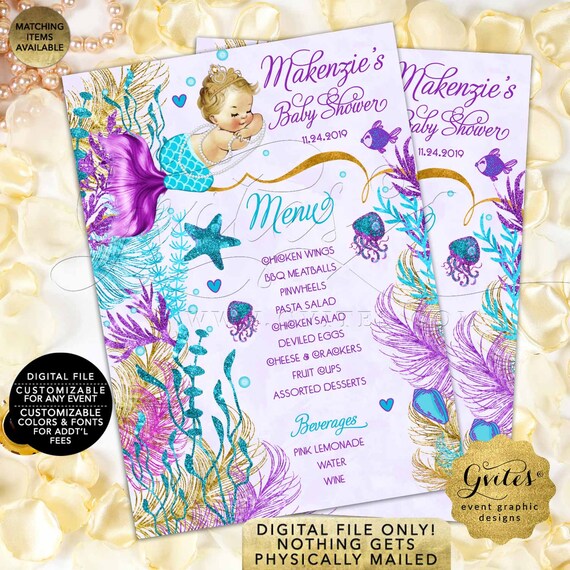 Menu Cards Vintage Baby Shower Mermaid Turquoise Purple Lavender Gold | JPG + PDF 5x7/2 Per Sheet | by Gvites