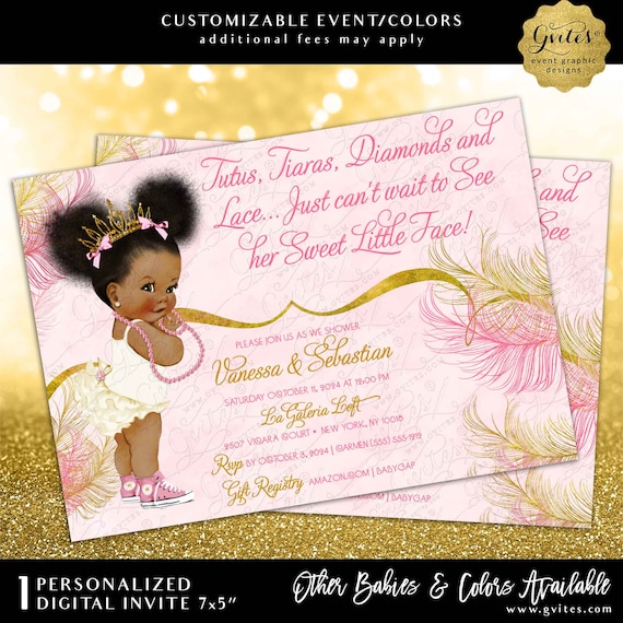 Sparkly Feathers Pink & Gold Watercolor Afro Puffs Princess Baby Shower Invitation