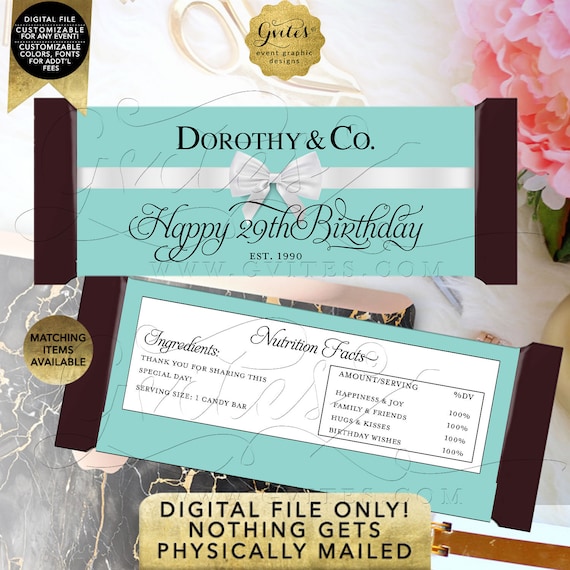 29th Candy Bar Wrappers Birthday | Personalized Party Favors Breakfast Customizable Text/ Colors & Fonts 2 Per Sheet 5.25x5.75{Satin Ribbon}