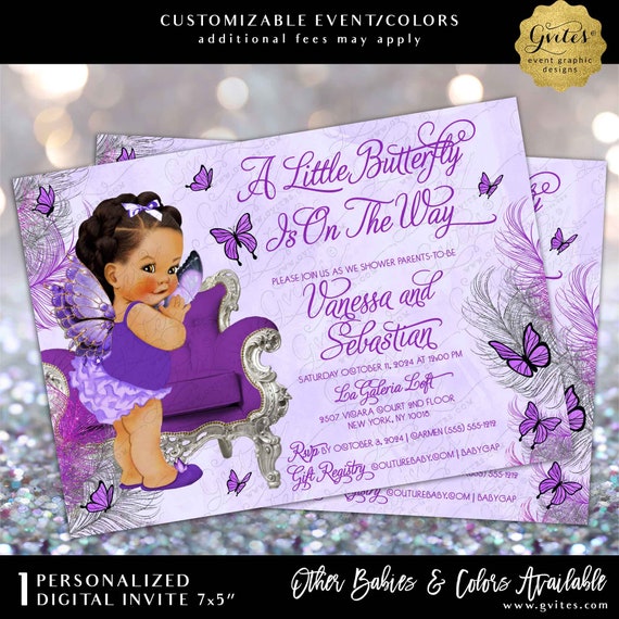 Baby Shower Butterfly Princess Sparkly Feathers Lavender Purple | Baby Girl with twisted braids | Printable Invitation 7x5"