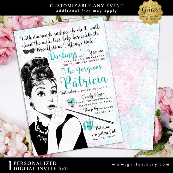 Audrey Hepburn Bridal Shower Invitations/ Champagne & Lingerie shower invitation/ Breakfast at Turquoise Blue Vintage Bride