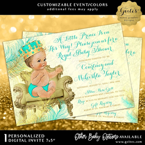 Mint Green & Gold Prince Baby Shower Invitation | A little prince is on his way Printable Invite. 7x5"