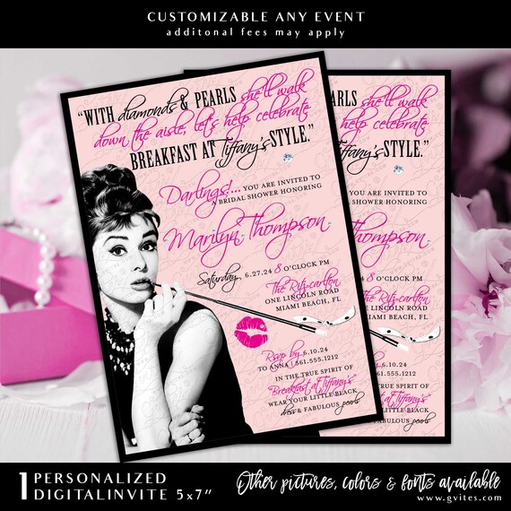 With Diamonds and Pearls She'll walk down the aisle. Pink Audrey Hepburn Printable Invitation Digital Download. Custom Text. 5x7"