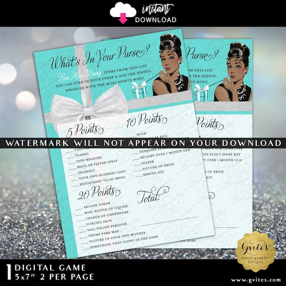 Audrey Hepburn Printable What's in your purse printable game bridal shower.