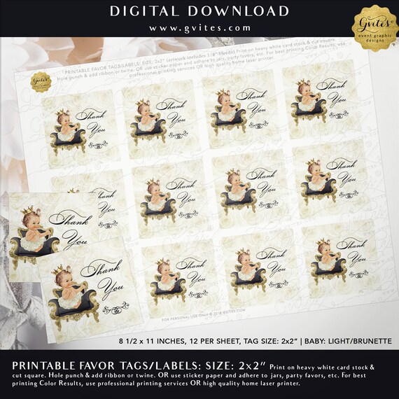 Printable Thank You Baby Labels Tags Ivory Gold Light Blonde Baby Girl Princess Gold Crown 2x2" Instant Download