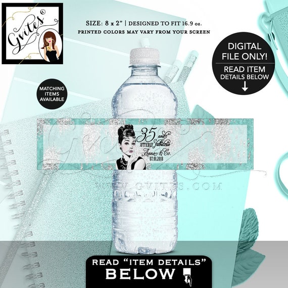 Audrey Hepburn Birthday Party Water Bottle Labels / Party Favors Wrappers Stickers Gifts / Turquoise Blue & Silver Printable Labels