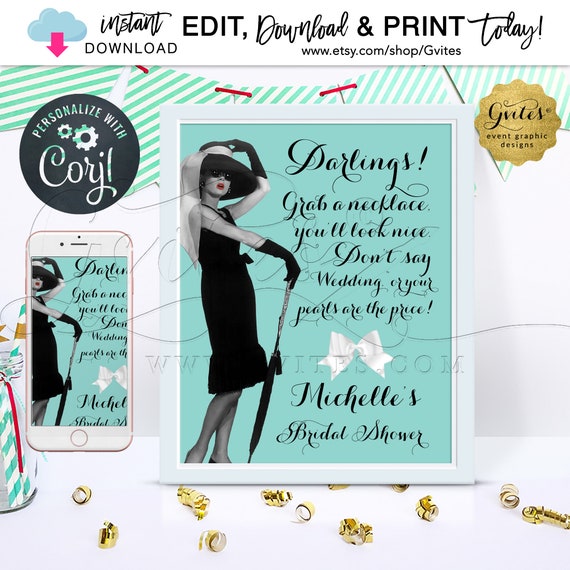 Breakfast at game sign/ bridal shower Audrey Hepburn PERSONALIZED Pearl Necklace game/8x10" Il_570xn