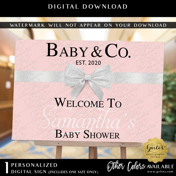 Baby & Co Welcome Sign Blush Pink White Bow Design Custom Poster | Breakfast at theme Table Backdrop