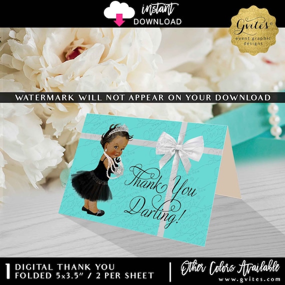 African American Audrey Hepburn Baby Thank You Card | Instant Download | Dark/Jet Girl | 5x3.5" 2 Per/Sheet