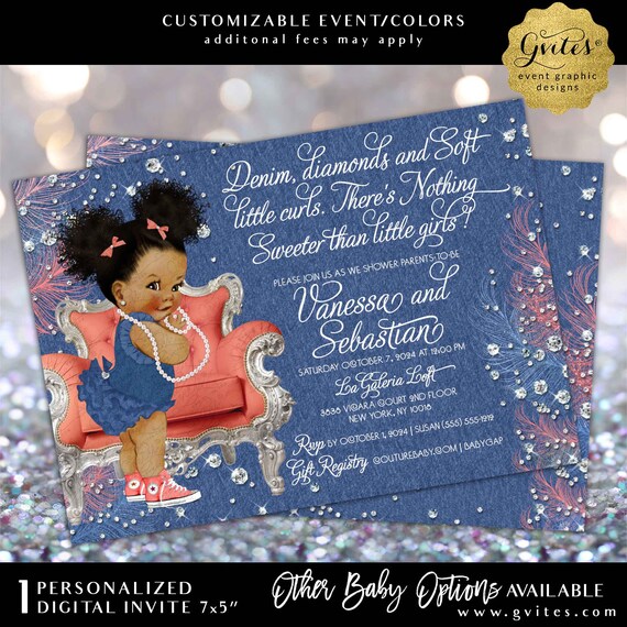 Diamonds & Denim Coral Baby Shower Printable Invitation 7x5" JPG + PDF
