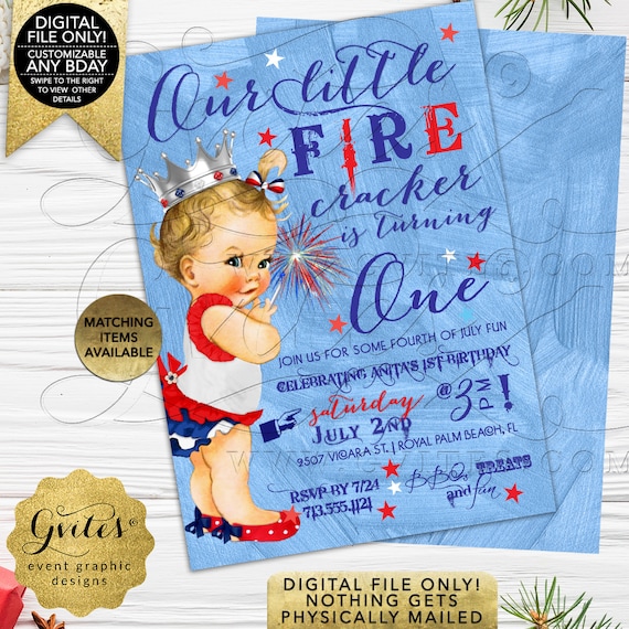 First birthday 4th of July invitations. GIRL patriotic birthday | our little firecracker is turning one | vintage red white & blue. Gvites