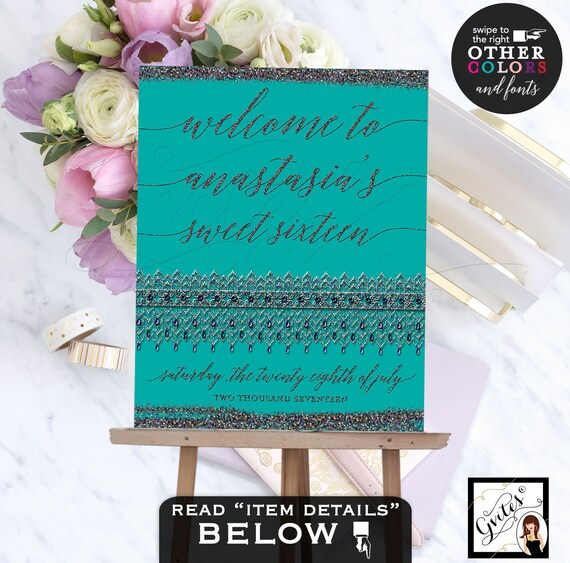 Welcome Signs Sweet 16 Quinceanera turquoise, teal and silver iridescent, personalized birthday custom poster banner signs. 16x20"