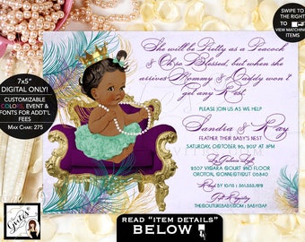 Purple and Gold Peacock Baby Shower Invitations | African American Princess | Teal Lavender Green Gold | Custom Designs