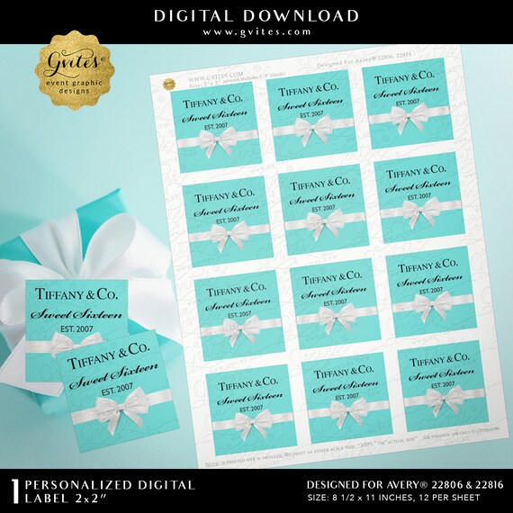 Sweet Sixteen Printable Breakfast & Co Blue 2x2 Favor Stickers/Labels Avery® 22806, 22816