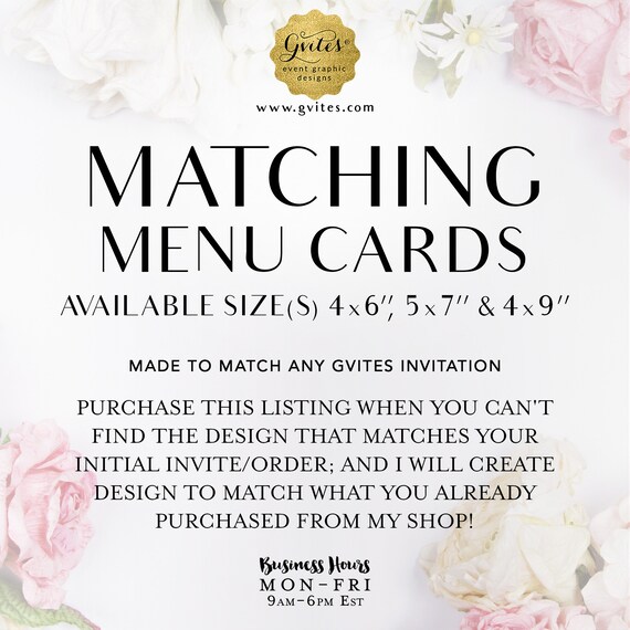 Matching Menu Cards Add-on - To coordinate with any Gvites invitation design.