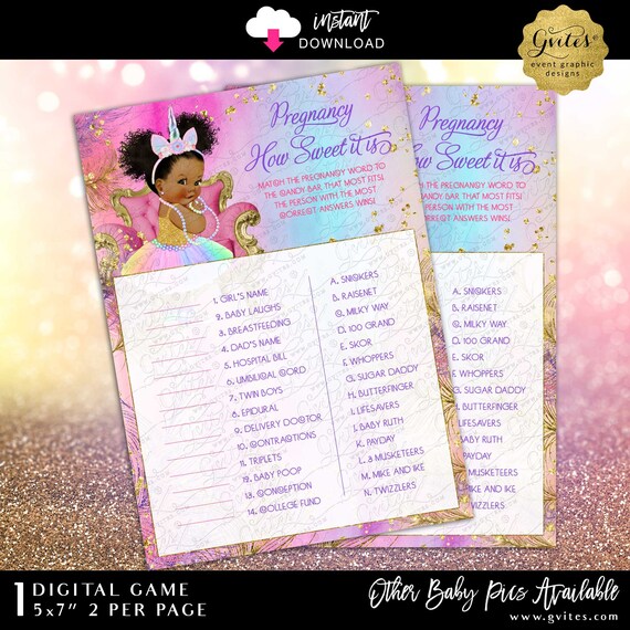 How Sweet It Is Unicorn Baby Shower Game | Afro Puffs Princess Girl. Rainbow Pink Purple Gold Blue  5x7"/2 Per Sheet.