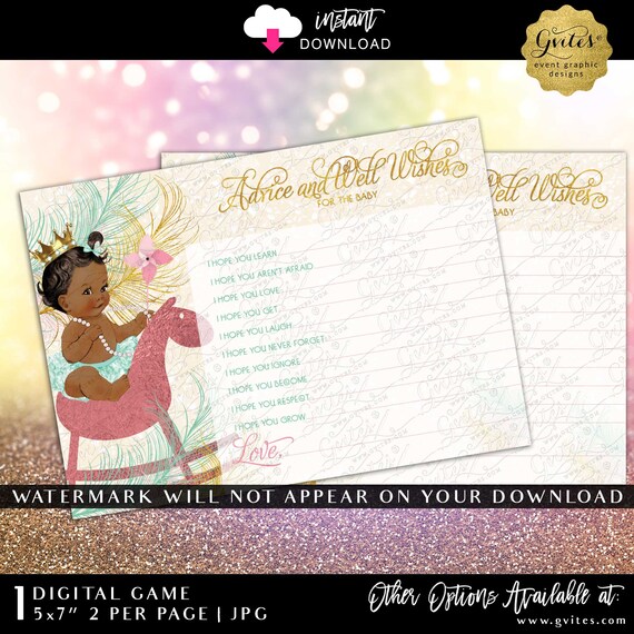 Printable Baby Shower Wish Cards | Advice for Baby Mint Gold Pink | Little Princess Gold Crown Pink Rocking Horse | JPG Instant Download